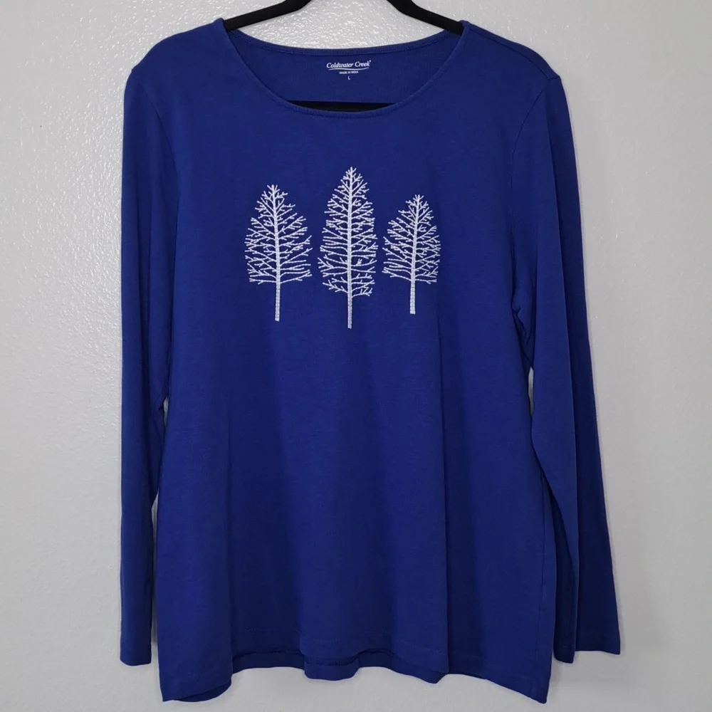 Coldwater Creek Sweatshirt  Women's Blue White Tree Embroidered Long Slv Large